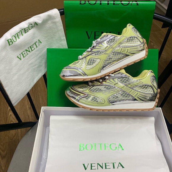 Bottega Veneta Women's Metallic Silver and Lime Sneakers